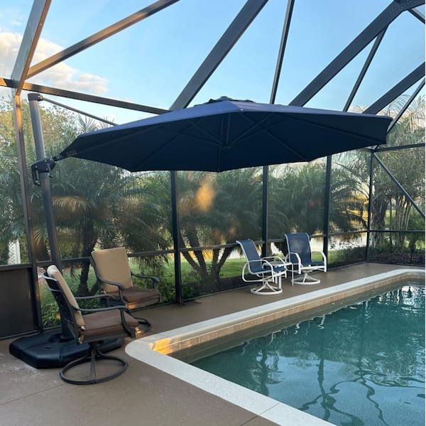 11 ft. Octagon Aluminum UV-Resistant Outdoor Cantilever Offset 360° Rotation Patio Umbrella with Base, Navy Blue