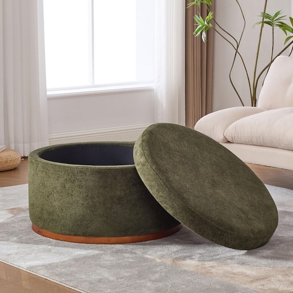 Vito Modern Olive Green Chenille Upholstered Round Storage Ottoman with Wooden Base