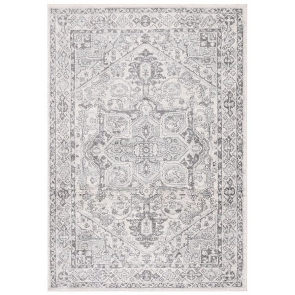 Tulum 9 ft. x 12 ft. Ivory/Gray Medallion Ornate Border Area Rug