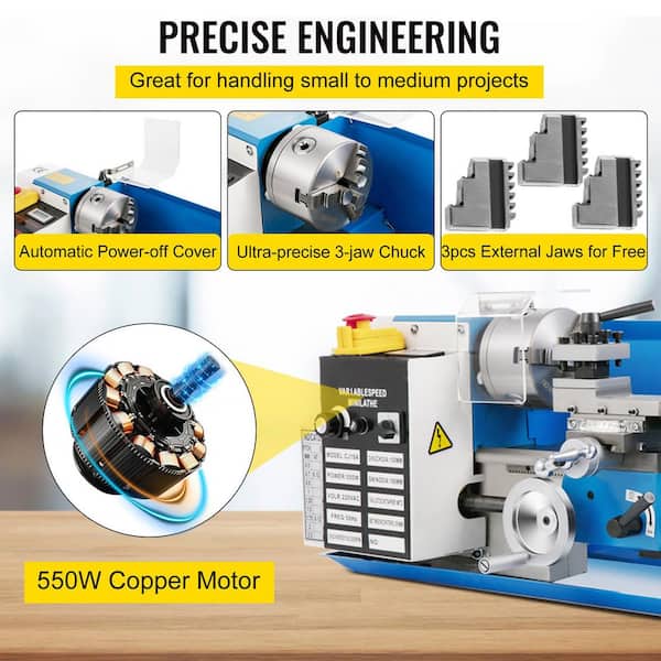 7 x 14 in. Compact Metal Lathe Desktop Lathe 550-Watt Adjustable Speed up to 2250 RPM w/ 3-Jaw Chuck and Digital Display