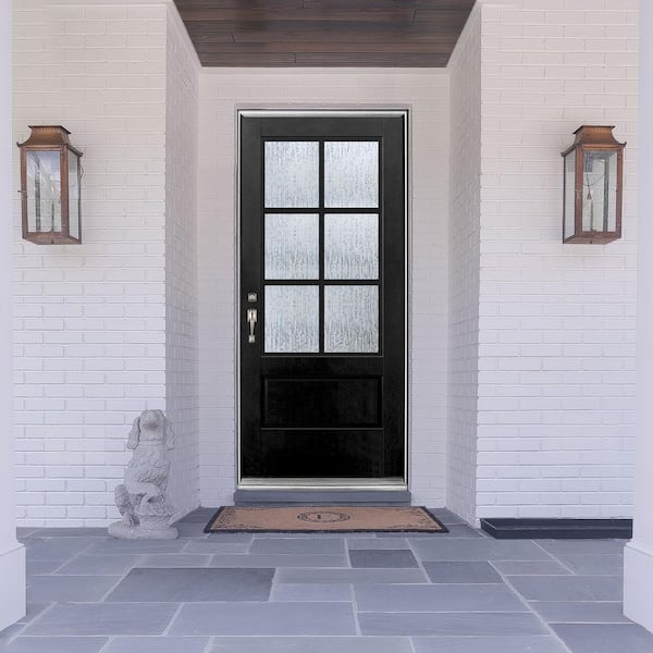 MP Doors 36 in. x 80 in. Right-Hand Inswing 4-Lite Water Wave Glass Black Painted Fiberglass Prehung Front Door