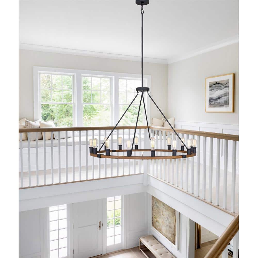 Jericho 48" Black and Oak Wagon Wheel Chandelier