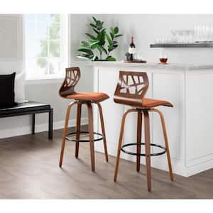 Folia 28.75 in. Orange Fabric, Walnut Wood and Black Metal Fixed Height Bar Stool with Round Footrest (Set of 2)
