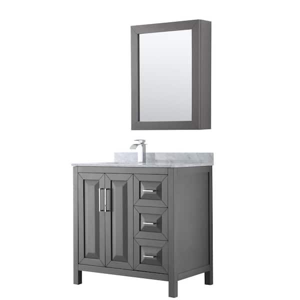 Wyndham Collection Daria 36 in. Single Bathroom Vanity in Dark Gray with Marble Vanity Top in Carrara White and Medicine Cabinet