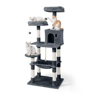 58 in. Dark Grey Cat Tower for Indoor Cats, Multi-Level Cat Activity Tree with Scratching Posts, Basket, Cave Condo