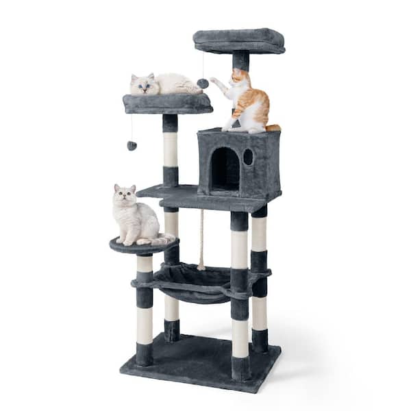 BOWHAUS 58 in. Dark Grey Cat Tower for Indoor Cats, Multi-Level Cat Activity Tree with Scratching Posts, Basket, Cave Condo