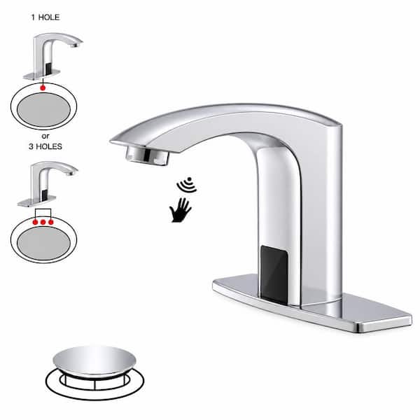 Automatic Sensor Touchless Single Hole Bathroom Sink Faucet with Deck Plate and Pop Up Drain in Polished Chrome