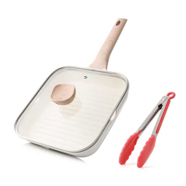 9.5 in. Grill Pan Nonstick with Lid White 2-Piece