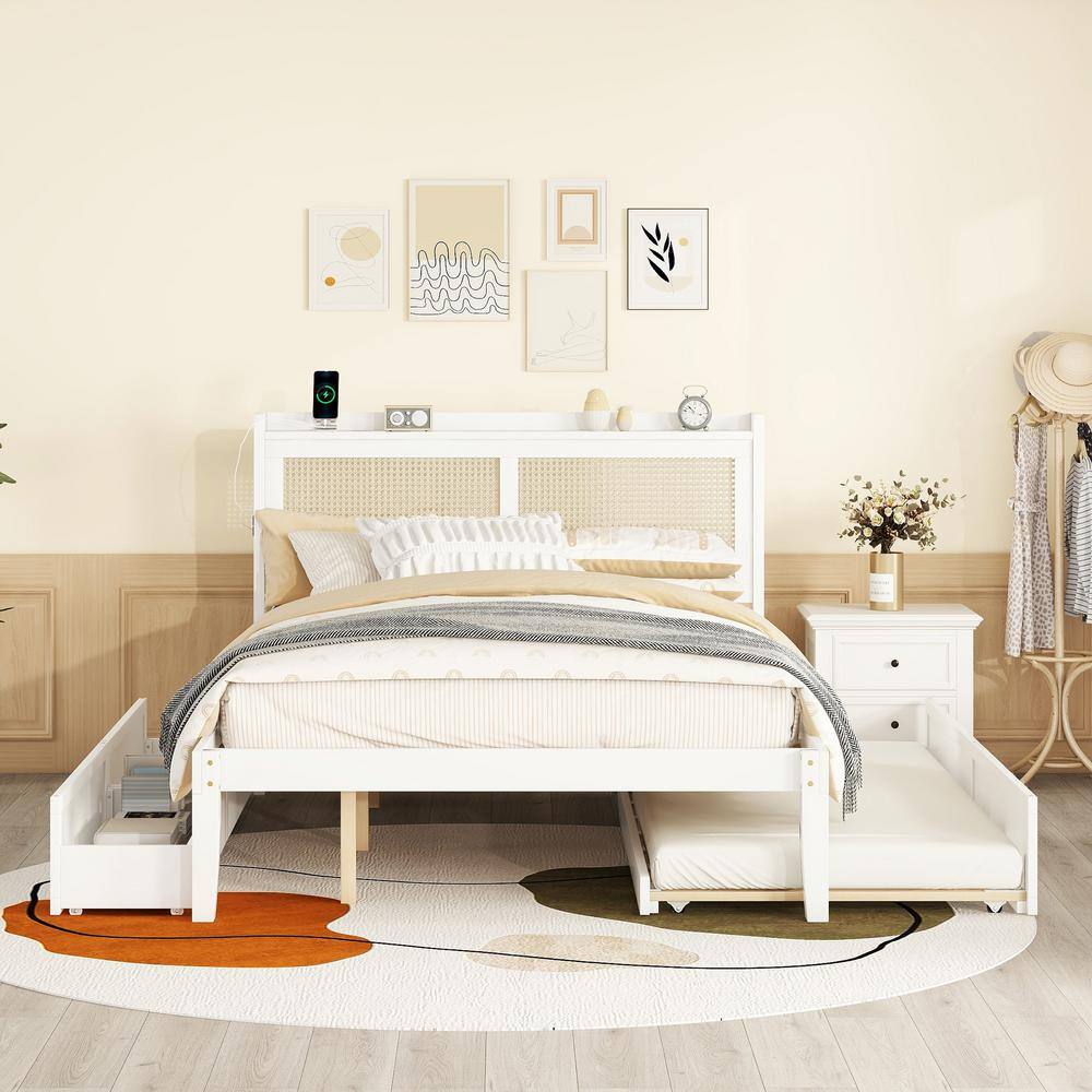 White Pine Queen Platform Bed with Rattan Headboard and Storage Drawers