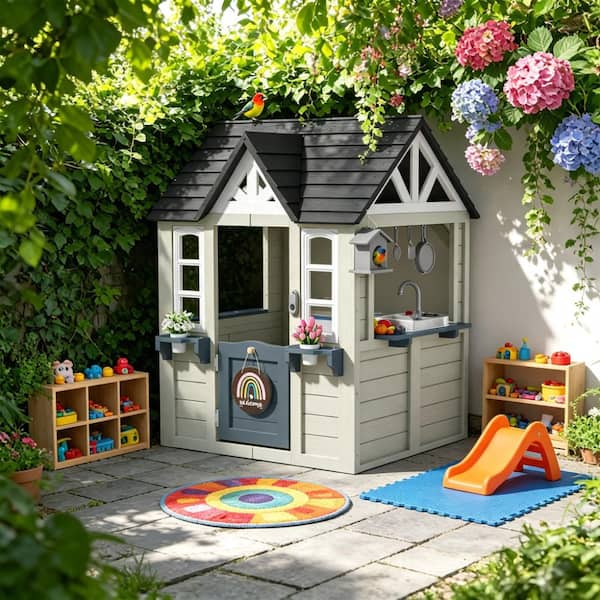 Outdoor Wooden Playhouse, Cedar Backyard Playhouse w/ Toy Kitchen, Doorbell, Mud Kitchen, Birdhouse, Wide Windows