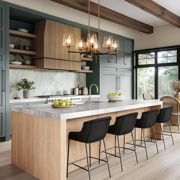 6-Light Modern Brass Gold Chandelier Light, Black Hanging Pendant Linear Hanging Ceiling Light with Seeded Glass