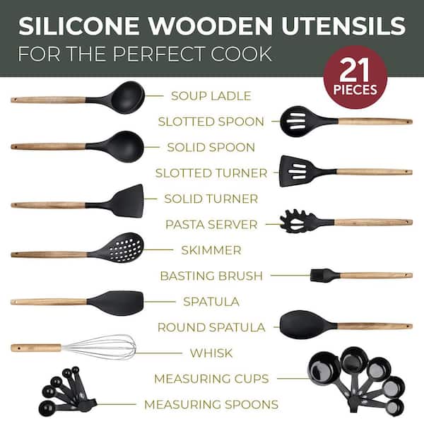 MegaChef Black Silicone and Wood Cooking Utensils, Set of 12