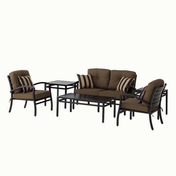 Hampton Bay Morgan Modern 6 Pc. Patio Seating Set with Sunbrella Canvas Teak Cushions-DISCONTINUED