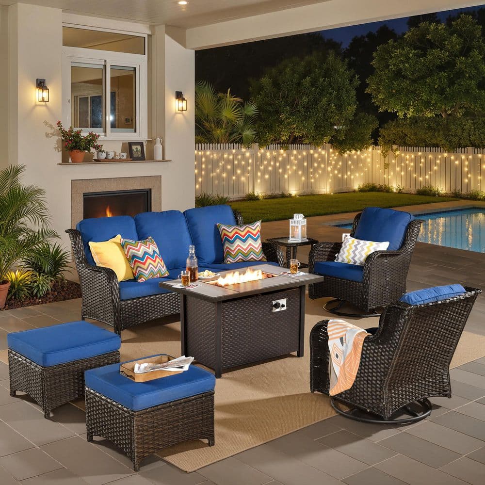 Janus Brown 7-Piece Wicker Outdoor Patio Rectangle Fire Pit Sectional Set with Navy Blue Cushions and Swivel Chairs price history on PriceWatchPro