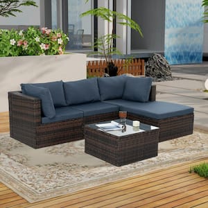 Brown 5-Pieces Wicker Outdoor Sectional Set with Tempered Glass Coffee Table and Blue Cushions