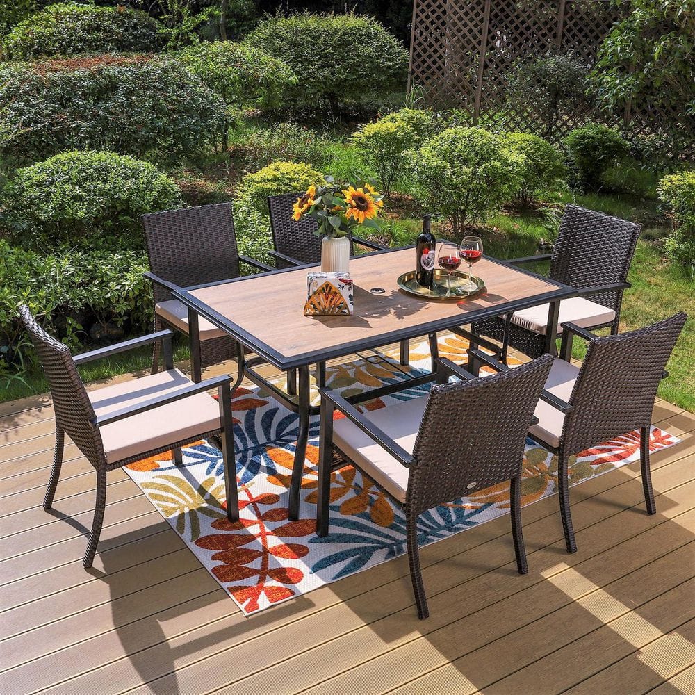 PHI VILLA Black 7-Piece Metal Patio Outdoor Dining Set with Wood-Look ...