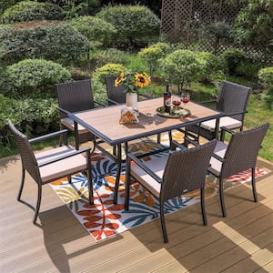 Black 7-Piece Metal Patio Outdoor Dining Set with Wood-Look Umbrella Table and Rattan Chairs with Beige Cushion