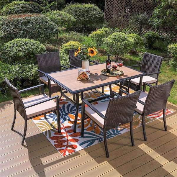 PHI VILLA Black 7-Piece Metal Patio Outdoor Dining Set with Wood-Look Umbrella Table and Rattan Chairs with Beige Cushion