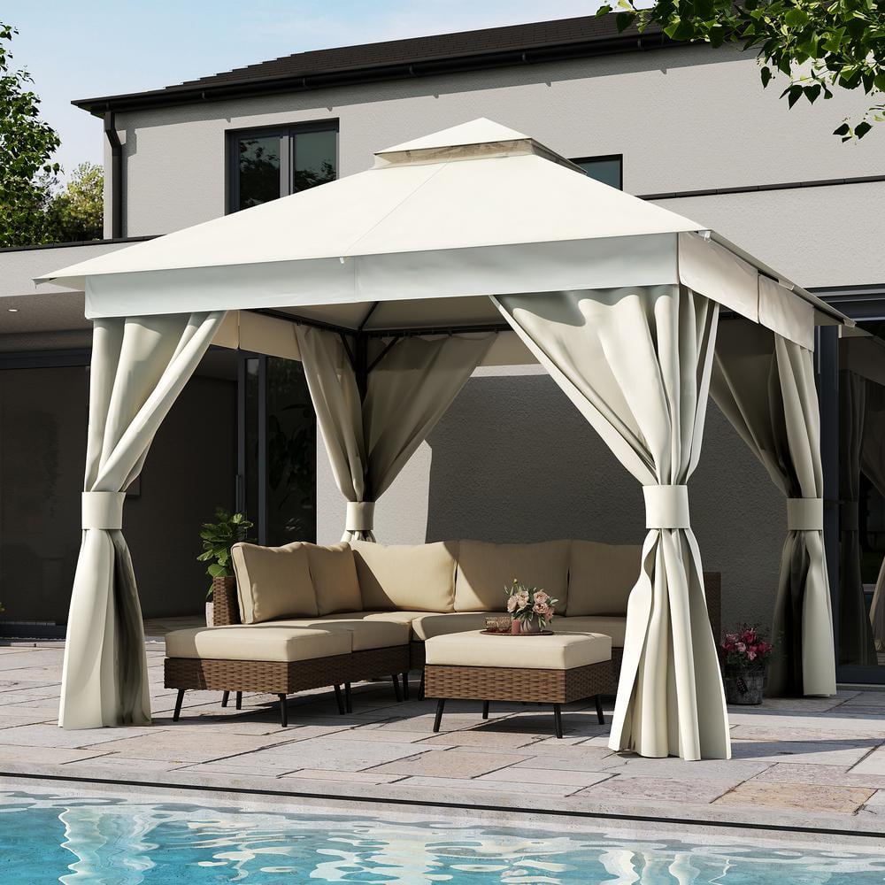 Creamy White Steel Patio Gazebo with Mosquito Netting and Curtains