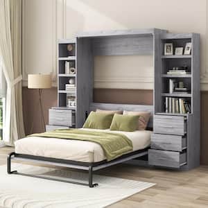 Gray Wood Frame Full Size Murphy Bed with 8 Storage Shelves and 8-Drawer, Folded Into a Cabinet