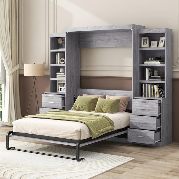 Harper & Bright Designs Gray Wood Frame Full Size Murphy Bed with 8 Storage Shelves and 8-Drawer, Folded Into a Cabinet