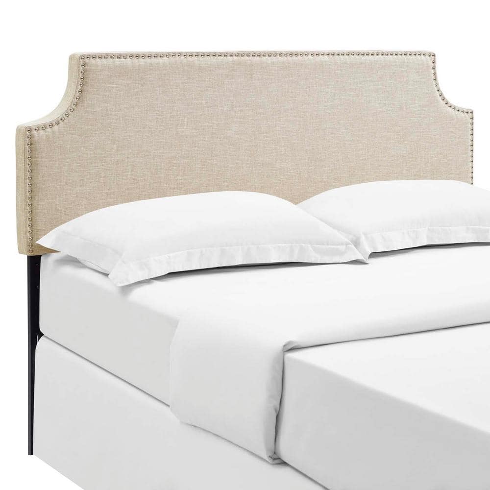 Beige Queen Upholstered Fabric Headboard with Silver Nail Trim