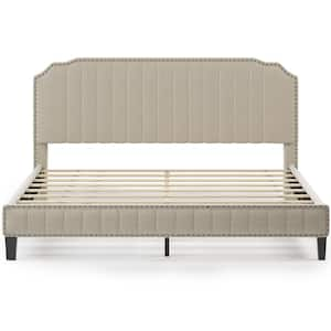 81.80 in. W King Cream Modern Linen Upholstered Solid Wood Frame Platform Bed with Nailhead Trim