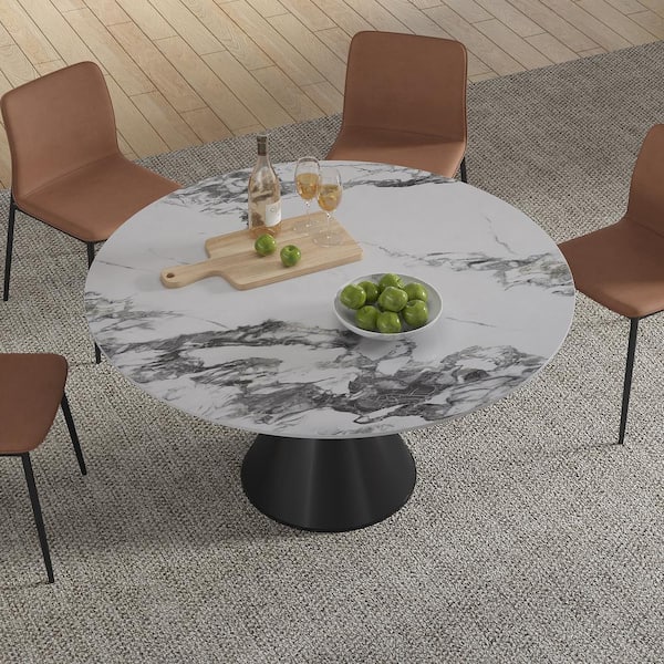 Lesly Modern Round Pandora Color Patek Philippe StoneTop 53.15in.Black Titanium Stainless Steel Pedestal Dining Table(4 Seats)