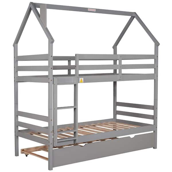 ANBAZAR White Wooden House Bunk Bed with Trundle Twin Over Twin Bunk Bed Frame with Ladder Full-Length Guardrails