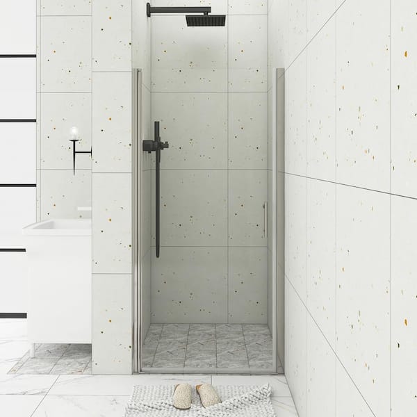 Unbranded 33 in. W x 72 in. H Pivot Semi-Frameless Shower Door in Chrome with Tampered Clear Glass