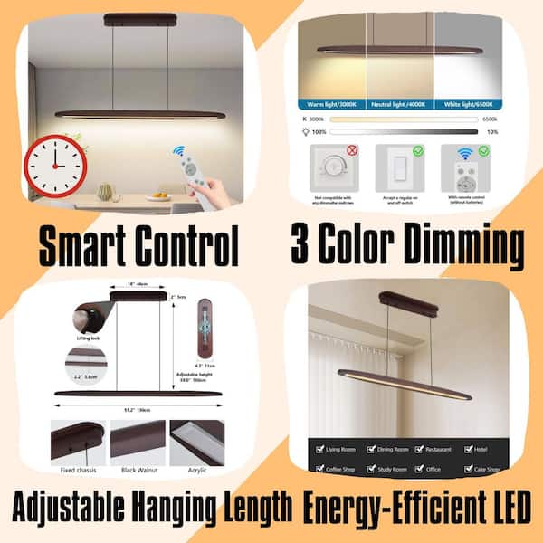 51 in. 1-Light LED Walnut Wood Warehouse Pendant Hanging Light with Remote Control, Dining Room, Kitchen