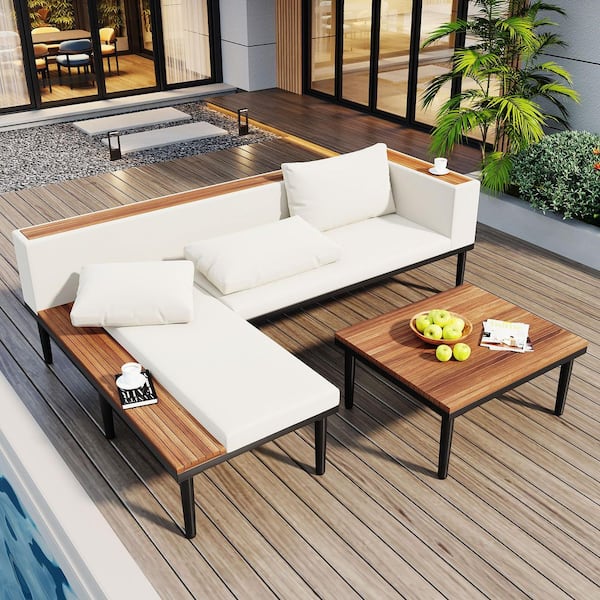 2-Piece L-Shaped Wood Outdoor Sectional Set with Beige Cushions and Built-in Side Tables, Coffee Table