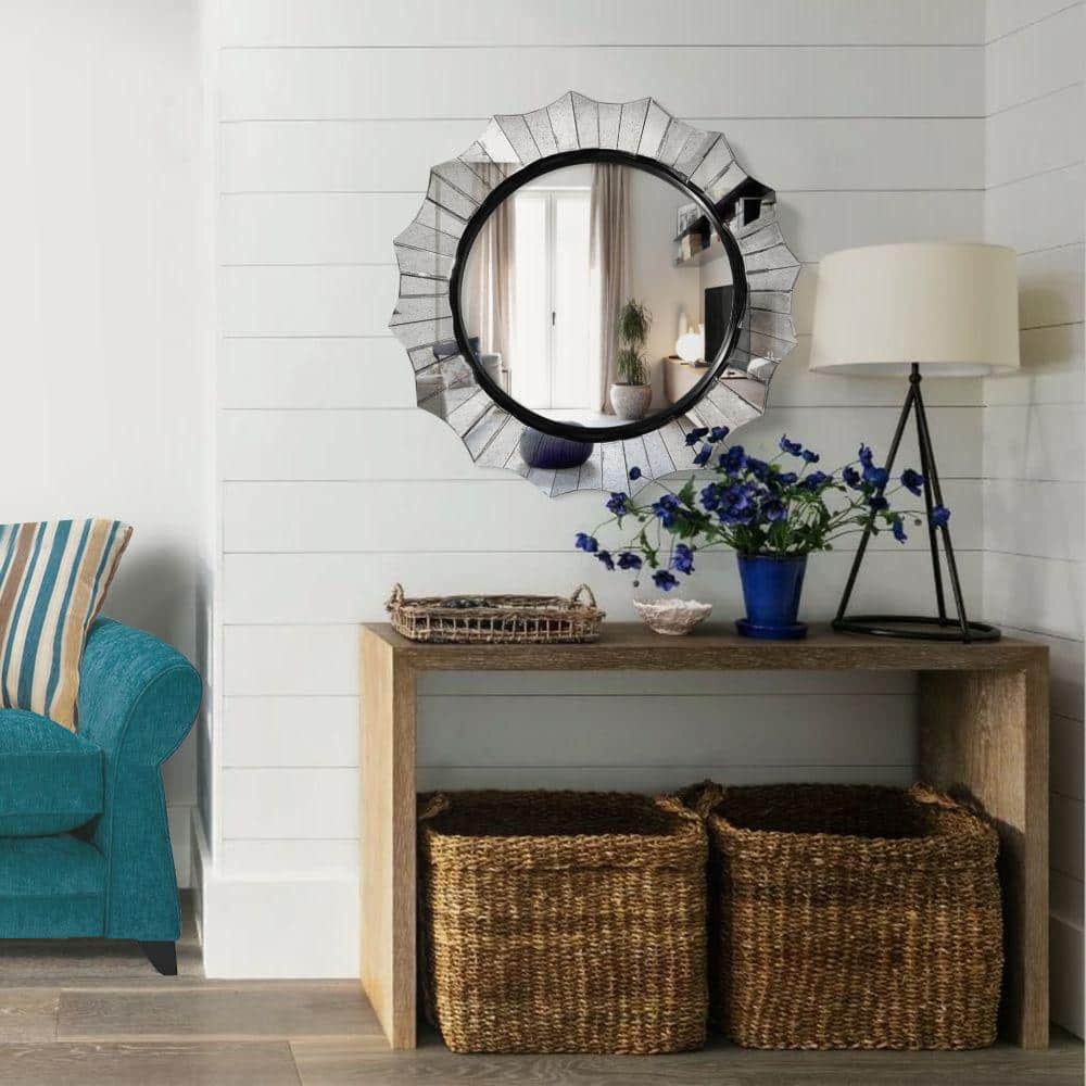 39" Round Scalloped Silver Wall Mirror with Beveled Edges