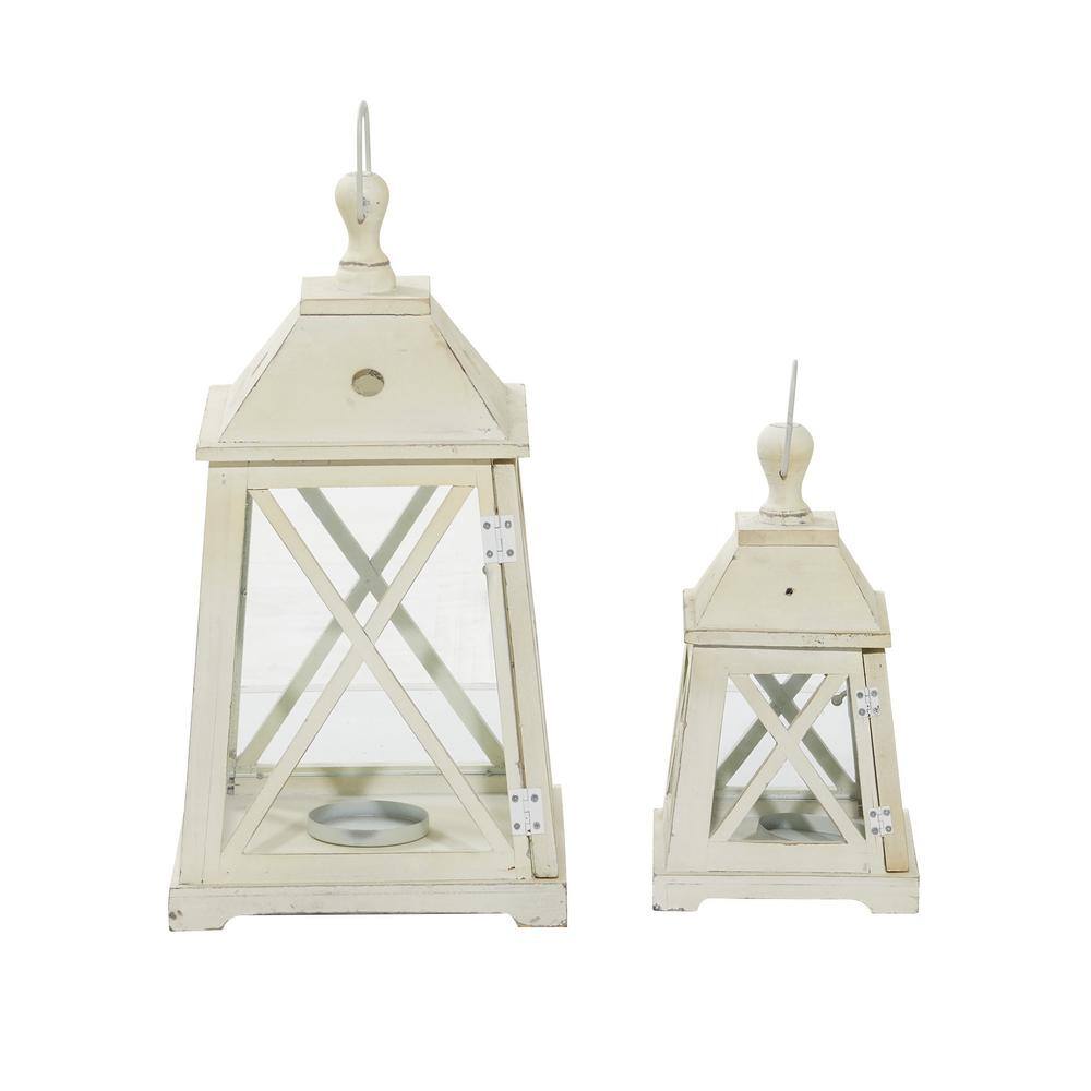 Set of 2 White Wood and Glass Hanging Candle Lanterns