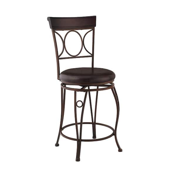 Linon Home Decor Henry Circles Back Brown Metal Counter Stool with Padded Faux Leather Seat