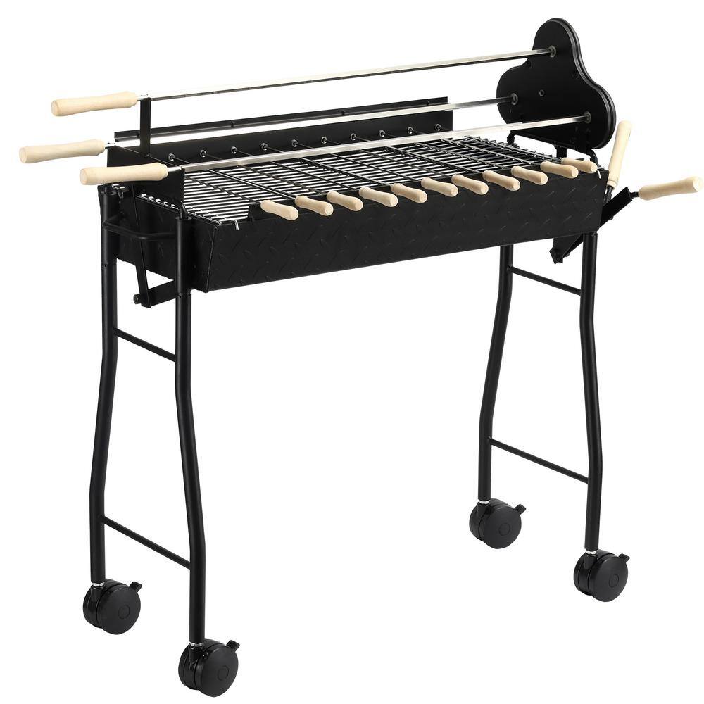 Outdoor Steel Portable Charcoal Wood-Burning Grill in Black with 4 Wheels, Steel Skewers and Grill Net