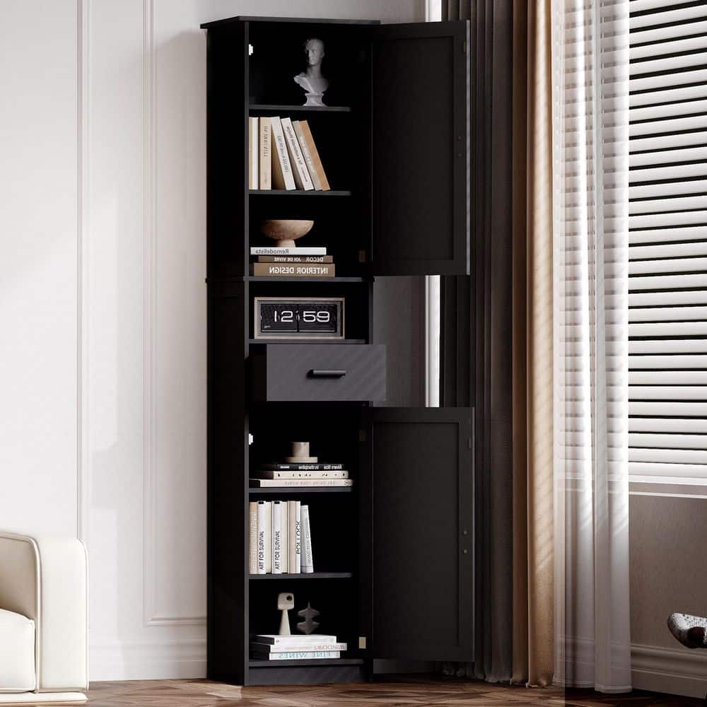 Mabon Black 69.29 in. H Narrow Accent Storage Cabinet with Drawer, Doors and Adjustable Shelves