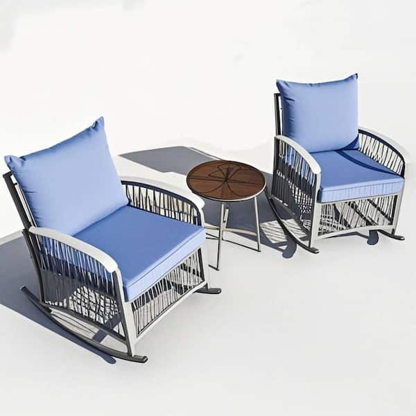 3-Piece Blue Metal Outdoor Patio Conversation Rocking Chairs Set with Glass Table and Thick Cushions