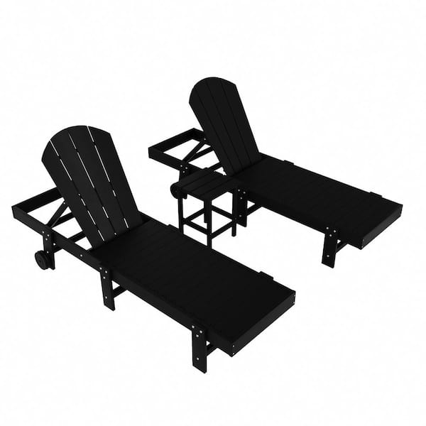 WESTIN OUTDOOR Laguna 3-Piece Outdoor Patio Adjustable HDPE Reclining Adirondack Chaise Lounger with Wheels, Side Table Set, Black