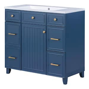 36 in. W Single Sink Freestanding Bath Vanity in Navy Blue Finish with White Resin Sink w/4-Drawers & 1-Door