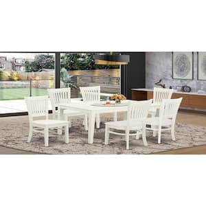 7-Piece Rectangle Linen White Finish Solid Wood Top Dining Table with 6 Chairs with Slat Back