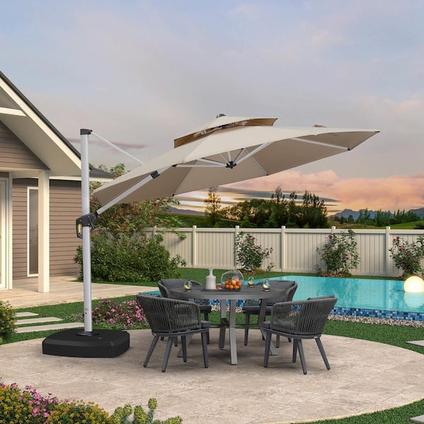 11 ft. Octagon High-Quality Aluminum Cantilever Outdoor Patio Umbrella with Wheels Base, Beige