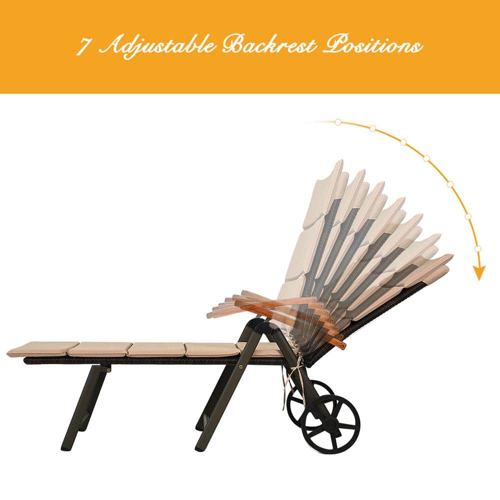 Beige Cushioned Folding Rattan Chaise Lounge with Aluminum Frame