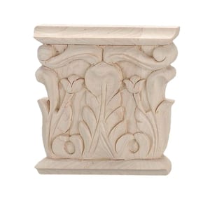 3-7/8 in. x 3-3/4 in. x 5/8 in. Unfinished Hand Carved American Hard Maple Acanthus Wood Onlay Capital Wood Applique