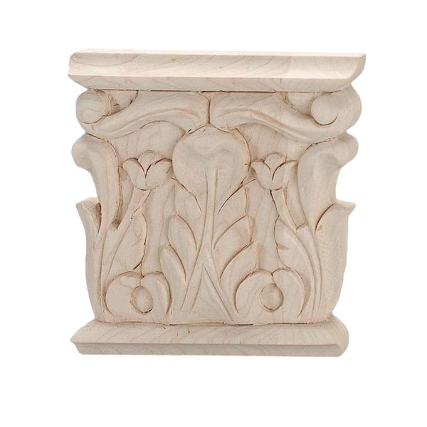 American Pro Decor 3-7/8 in. x 3-3/4 in. x 5/8 in. Unfinished Hand Carved American Hard Maple Acanthus Wood Onlay Capital Wood Applique