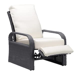 Brown Wicker Outdoor Chaise Lounge with Adjustable Backrest and Comfy Thicken Beige Cushion
