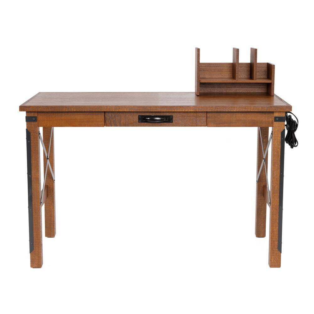 Brown Wood Industrial Desk with Hutch and USB Ports