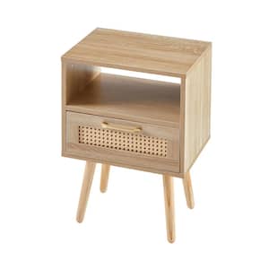 Anky 15.75 in. Natural Wood Rectangle MDF Rattan End Table 1-Drawer Modern Nightstand Side Table with Solid Wood Legs