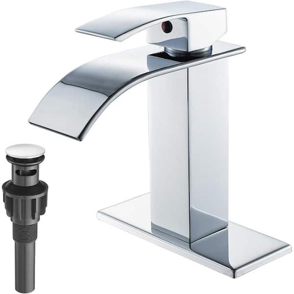Single Handle Waterfall Spout Single Hole Bathroom Sink Faucet with Pop-up Drain and Touch on in Polished Chrome