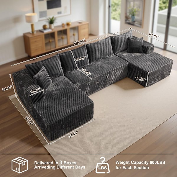 Allwex Varo 134 in. Wide Arm 3-Piece Modern Plush Corduroy U-Shape